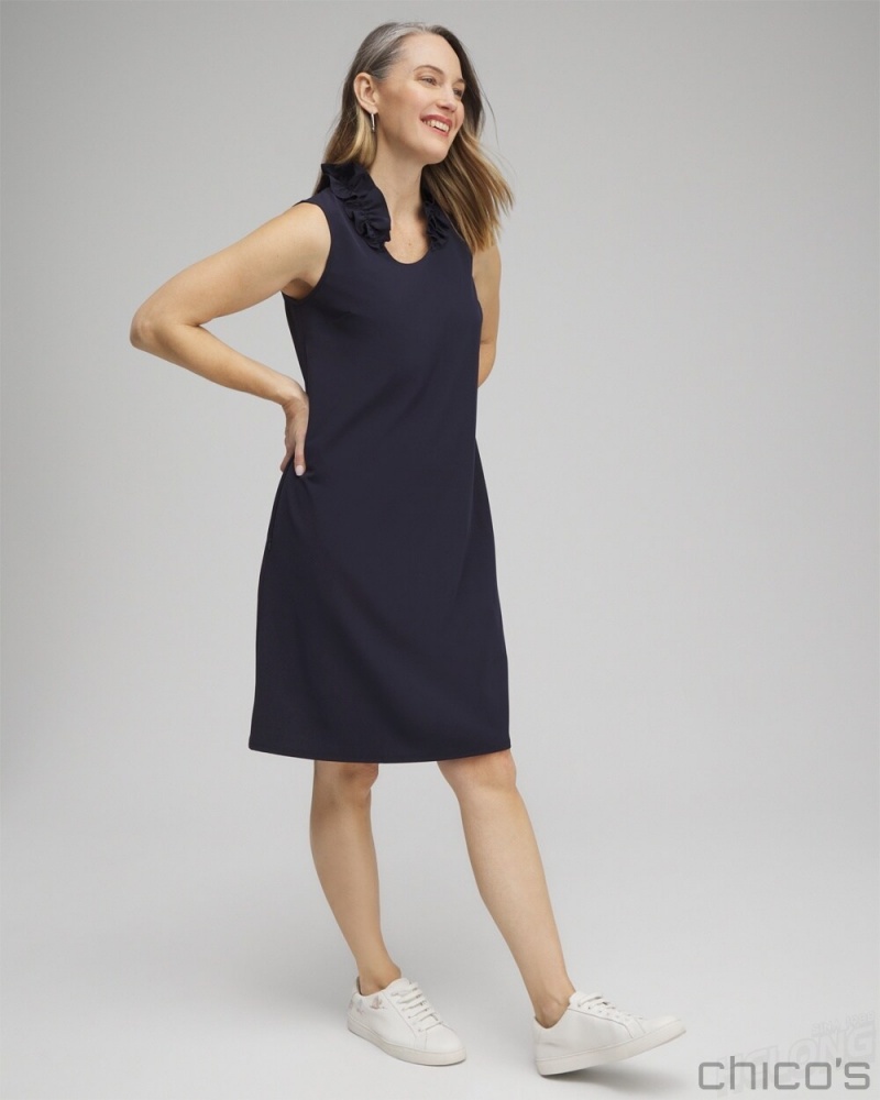 Chico's Zenergy Neema UPF Ruffle Dress Dresses Classic Navy | 601-WDLGTY