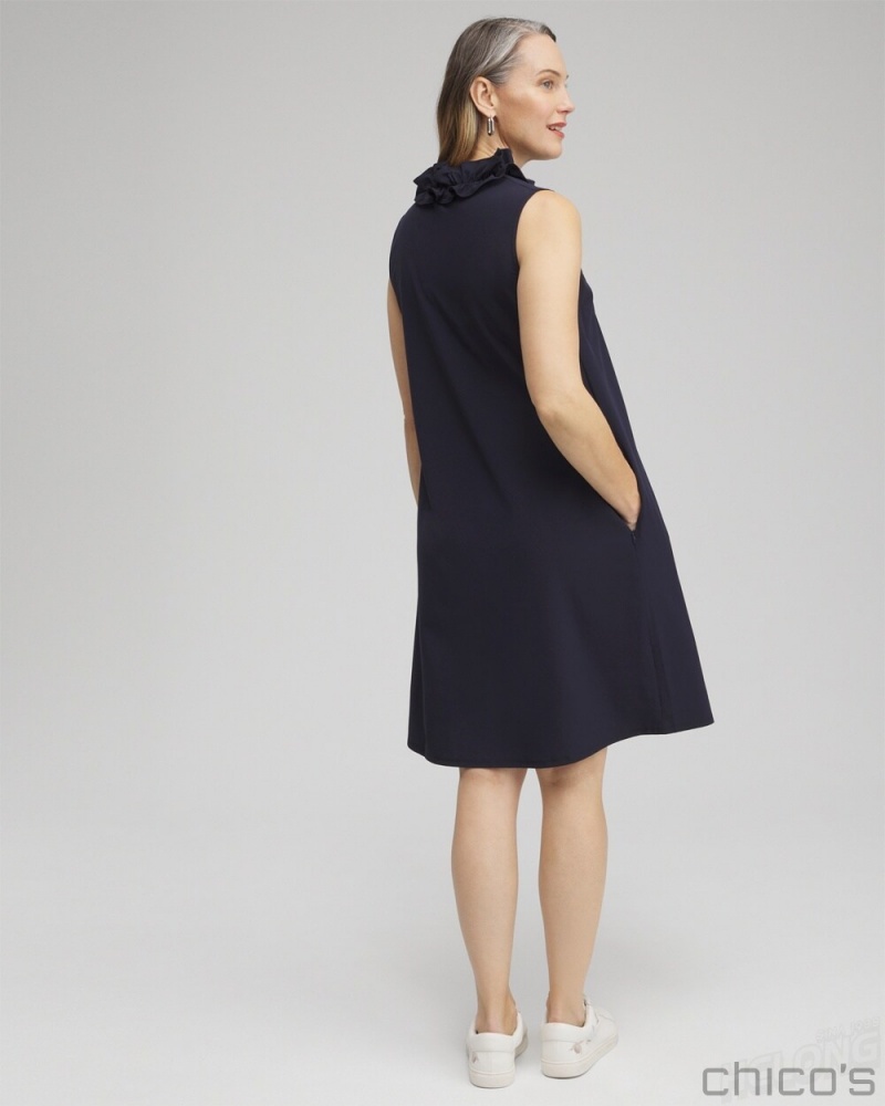 Chico's Zenergy Neema UPF Ruffle Dress Dresses Classic Navy | 601-WDLGTY