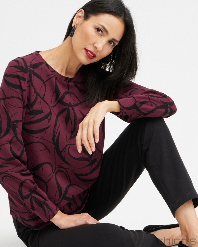 Chico's Zenergy Ribbon Print Sweatshirt Sweaters Deep Merlot | 527-ANCWDO