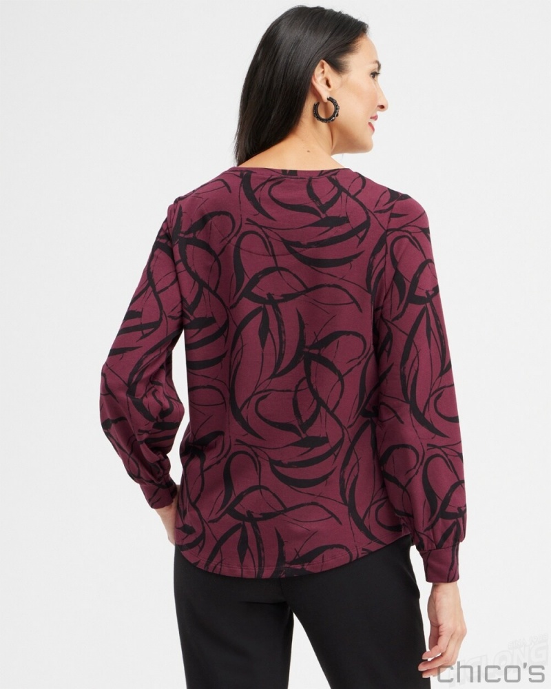 Chico's Zenergy Ribbon Print Sweatshirt Sweaters Deep Merlot | 527-ANCWDO