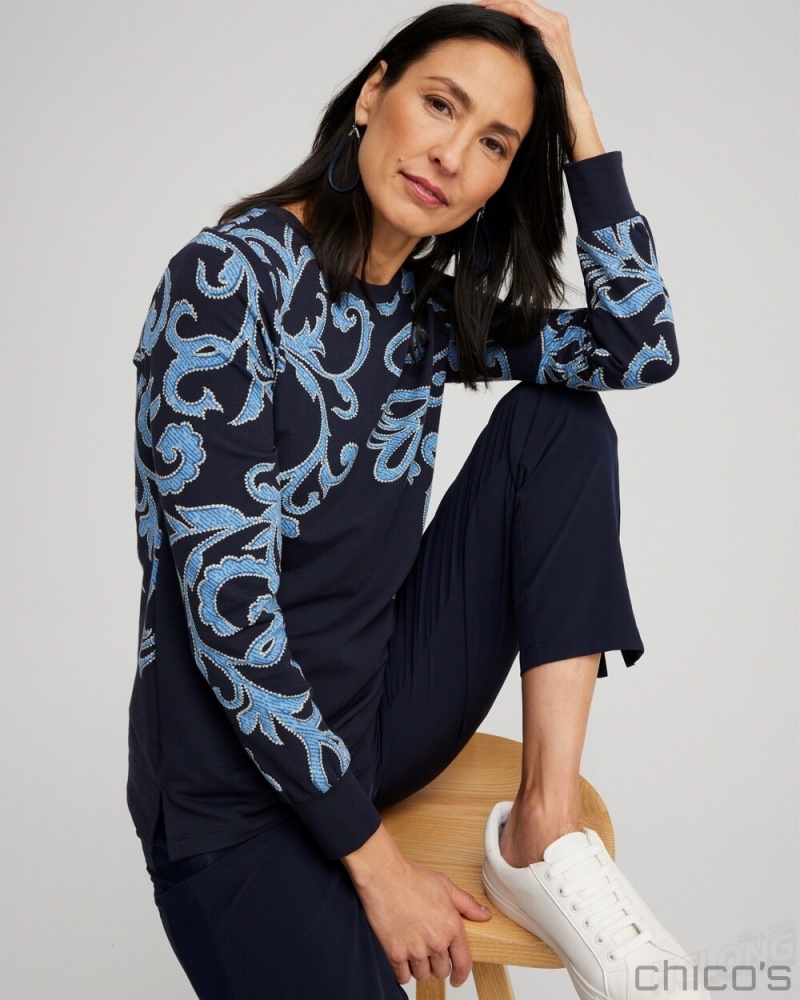 Chico's Zenergy Scroll Print Pullover Tops Classic Navy | 581-PZDOBQ