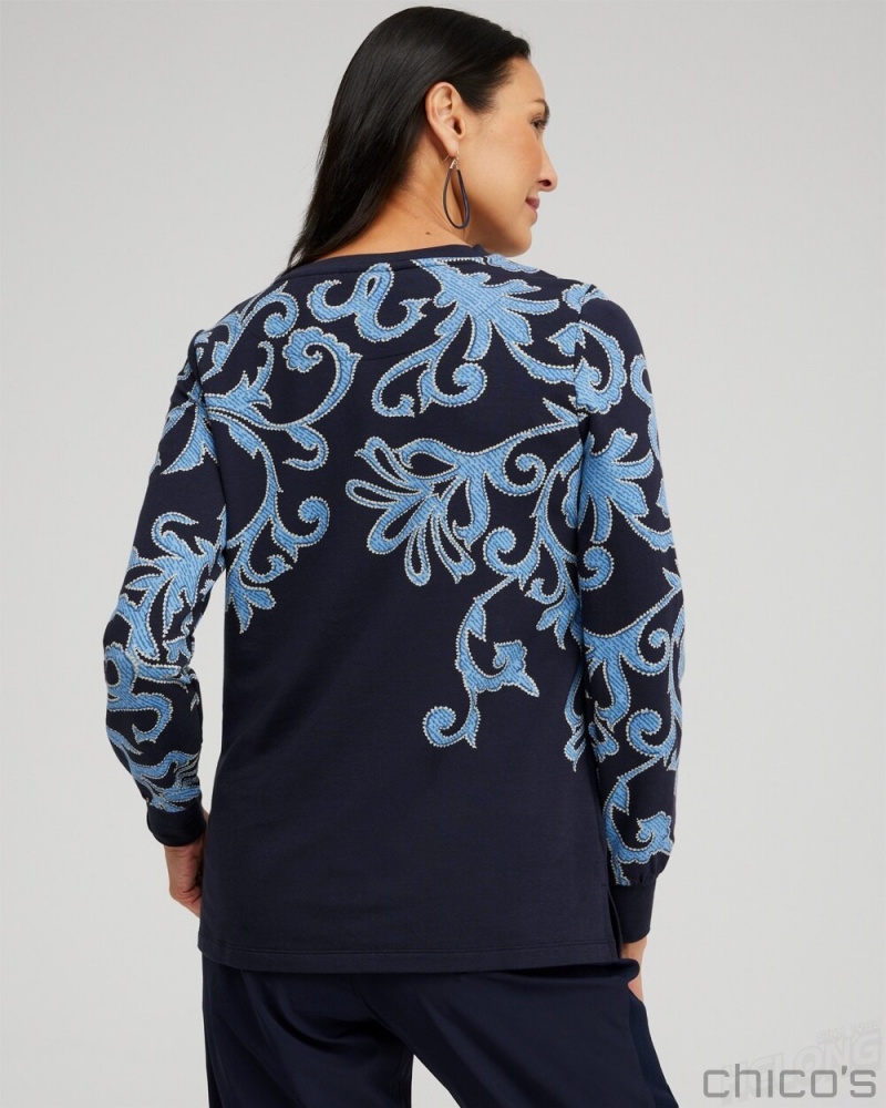 Chico's Zenergy Scroll Print Pullover Tops Classic Navy | 581-PZDOBQ