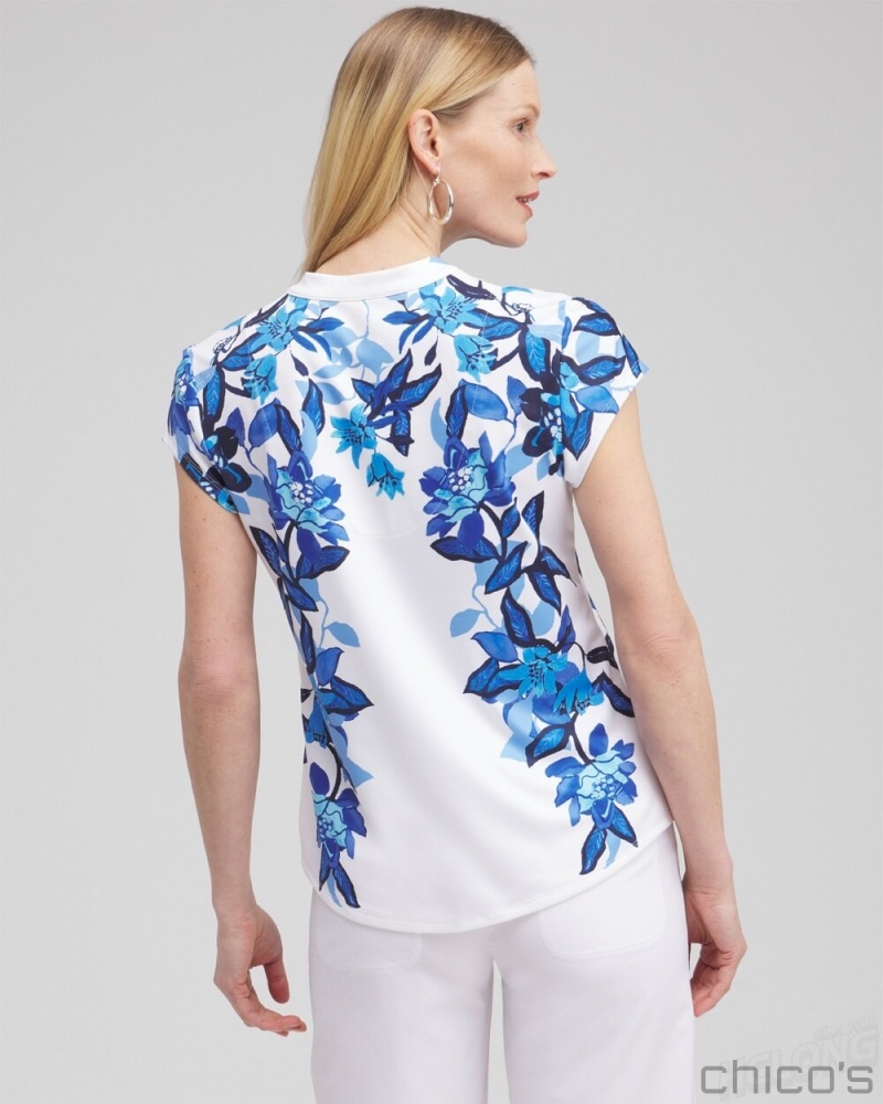 Chico's Zenergy UPF Floral Cap Sleeve Polo Tees & Tanks Intense Azure | 903-HGTSBI