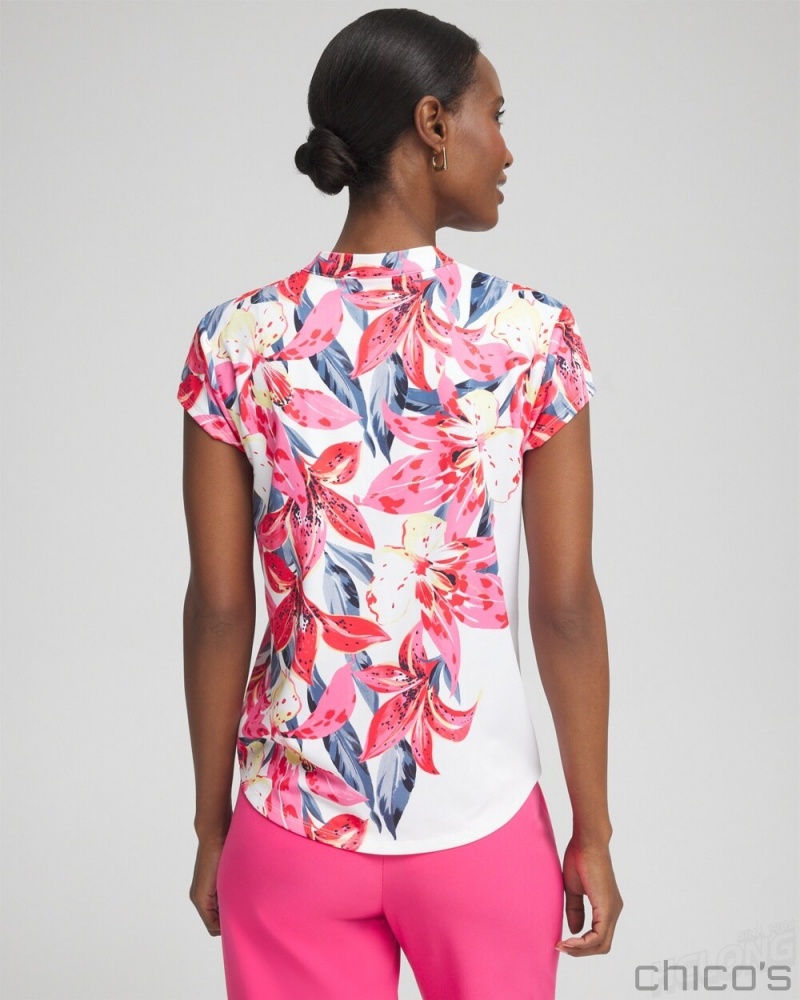 Chico's Zenergy UPF Floral Cap Sleeve Polo Blouses & Shirts PINK BROMELIAD | 638-NLKORJ