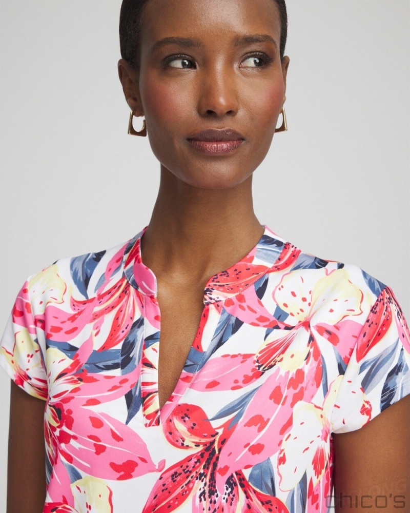 Chico's Zenergy UPF Floral Cap Sleeve Polo Blouses & Shirts PINK BROMELIAD | 638-NLKORJ