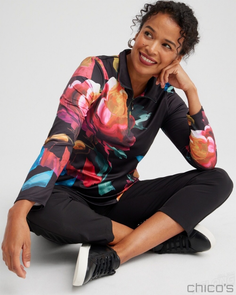 Chico's Zenergy UPF Floral Long Sleeve Top Tops Black | 180-HQVNPG