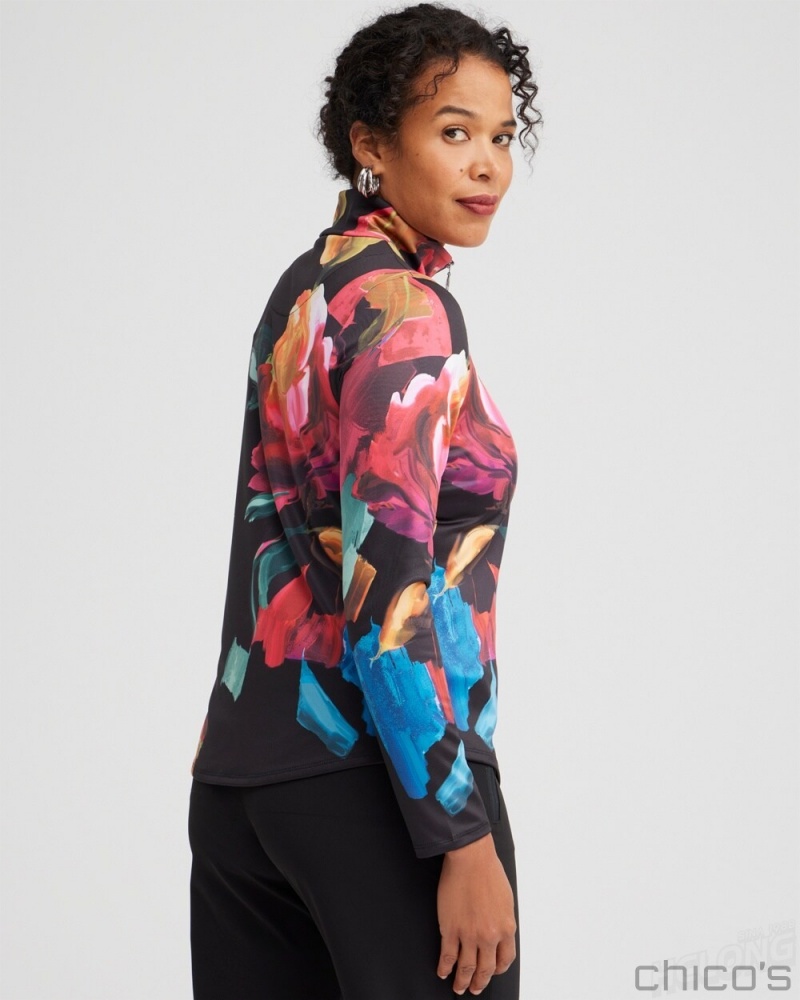 Chico's Zenergy UPF Floral Long Sleeve Top Tops Black | 180-HQVNPG