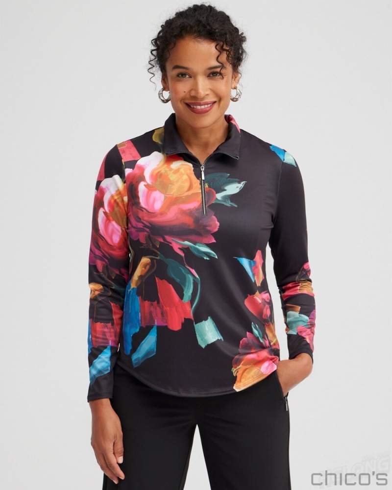 Chico\'s Zenergy UPF Floral Long Sleeve Top Tops Black | 180-HQVNPG