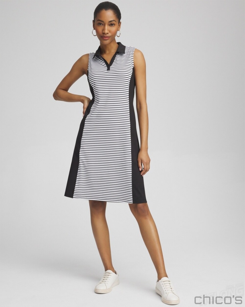 Chico's Zenergy UPF Knit Block Stripe Dress Dresses Black | 824-PQEOJB