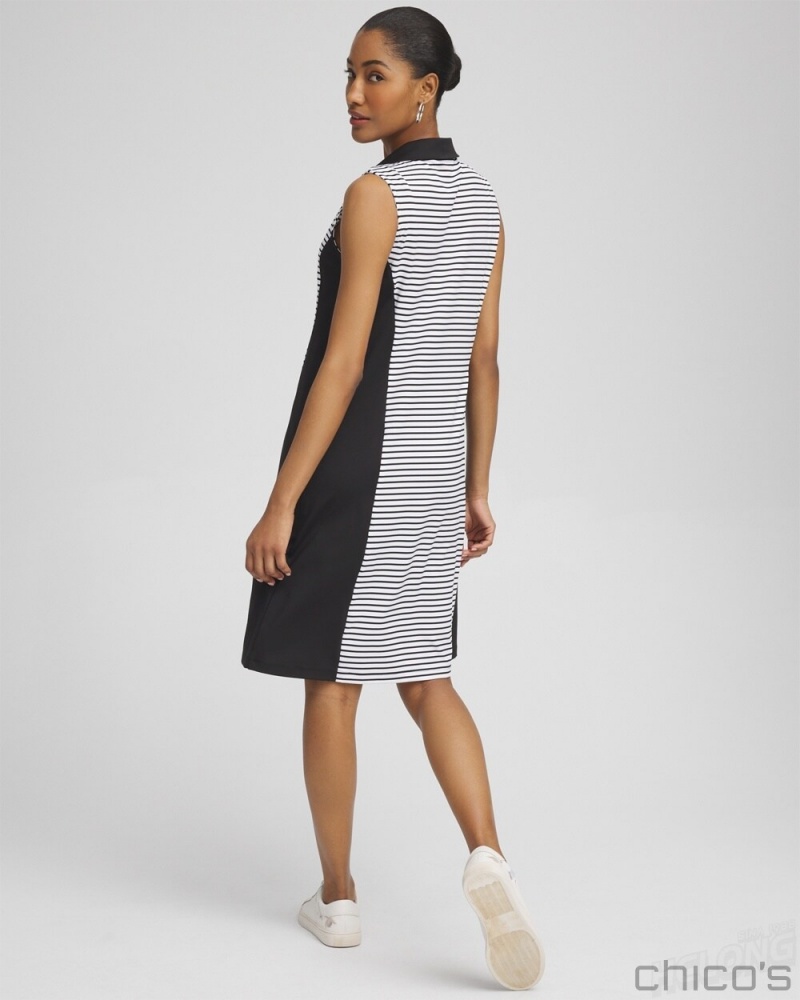 Chico's Zenergy UPF Knit Block Stripe Dress Dresses Black | 824-PQEOJB