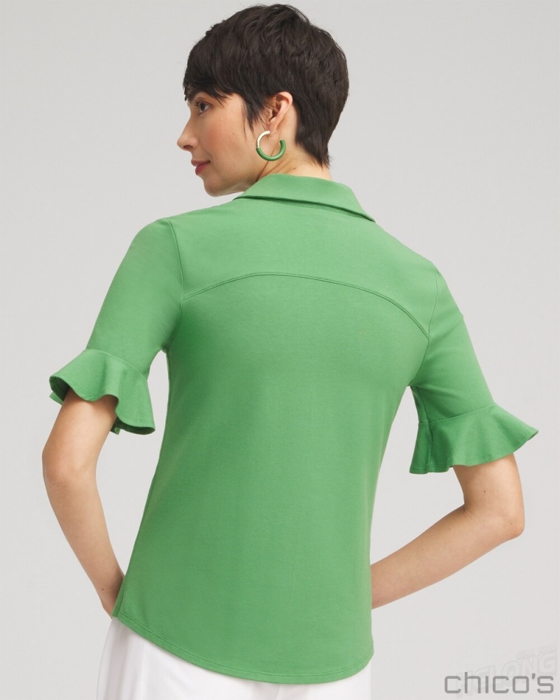 Chico's Zenergy UPF Knit Ruffle Polo Blouses & Shirts Verdant Green | 641-JBMERX