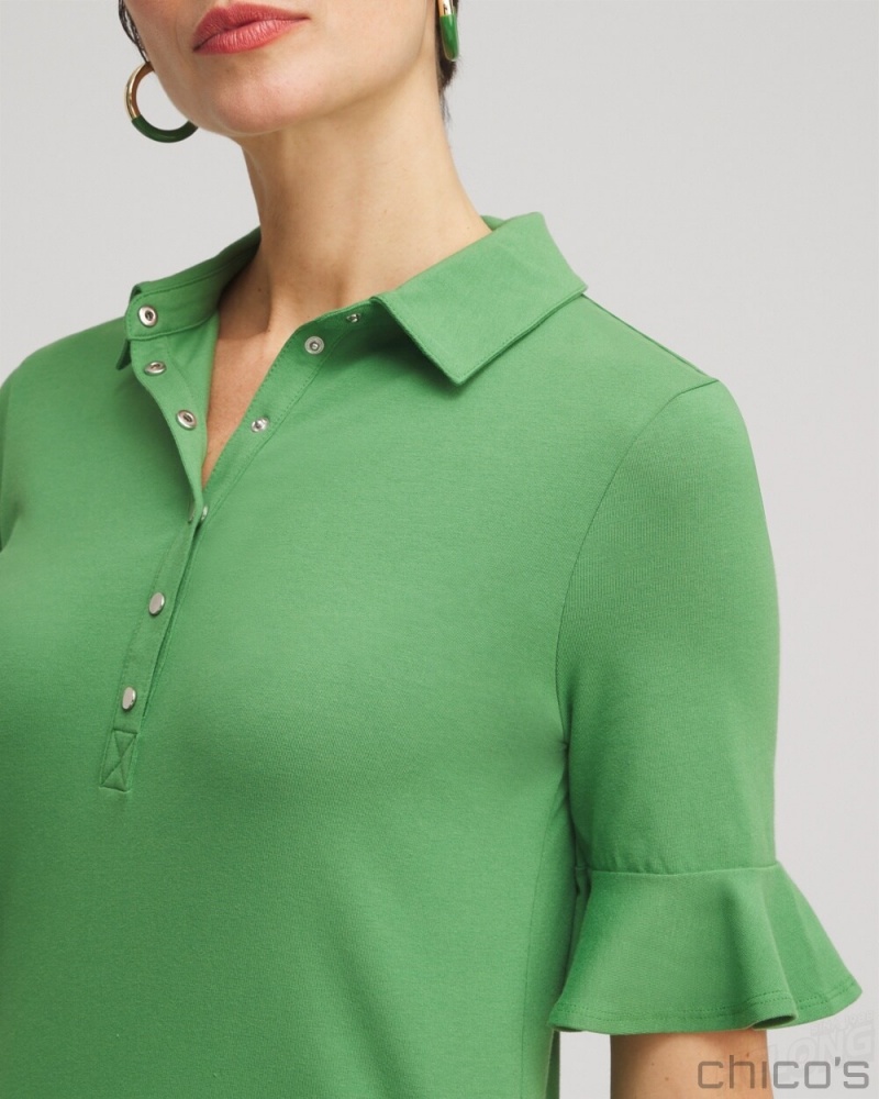 Chico's Zenergy UPF Knit Ruffle Polo Blouses & Shirts Verdant Green | 641-JBMERX