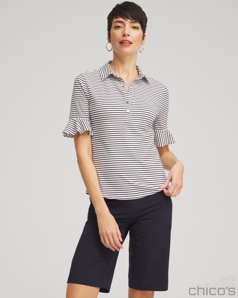 Chico's Zenergy UPF Knit Stripe Ruffle Polo Blouses & Shirts Classic Navy | 130-DBOZXN