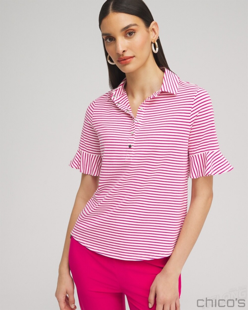 Chico\'s Zenergy UPF Knit Stripe Ruffle Polo Blouses & Shirts Magenta Rose | 173-RNHZSQ