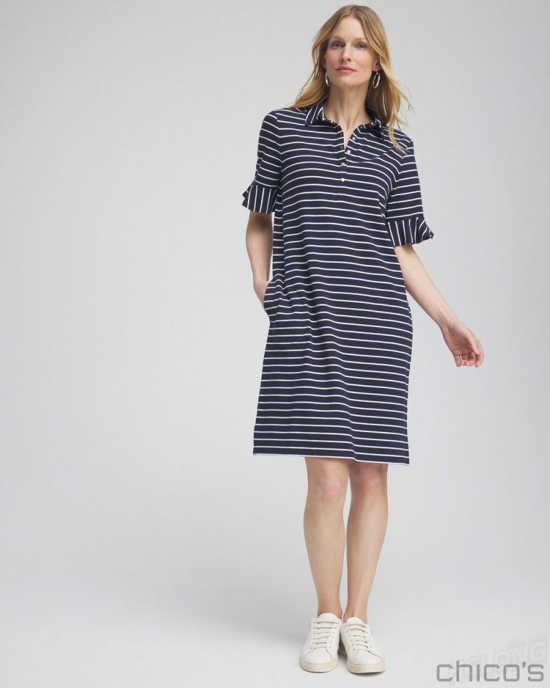 Chico's Zenergy UPF Knit Stripe Ruffle Sleeve Polo Dress Dresses Classic Navy | 158-OHJVBA