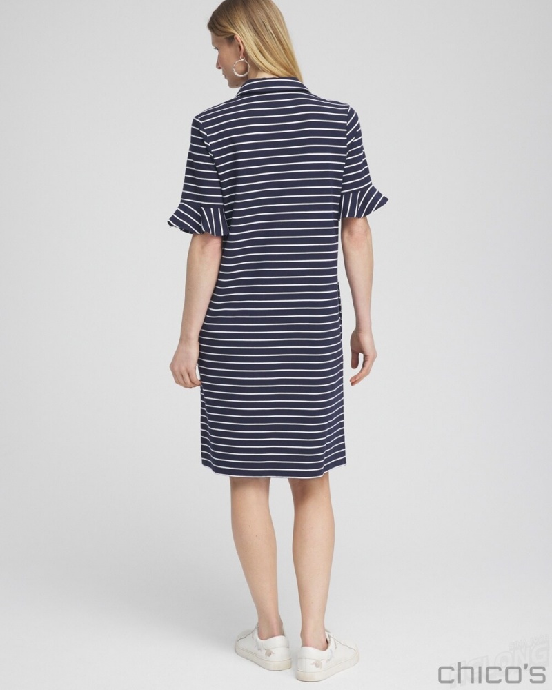 Chico's Zenergy UPF Knit Stripe Ruffle Sleeve Polo Dress Dresses Classic Navy | 158-OHJVBA