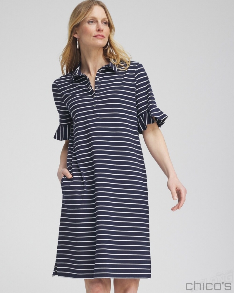 Chico\'s Zenergy UPF Knit Stripe Ruffle Sleeve Polo Dress Dresses Classic Navy | 158-OHJVBA