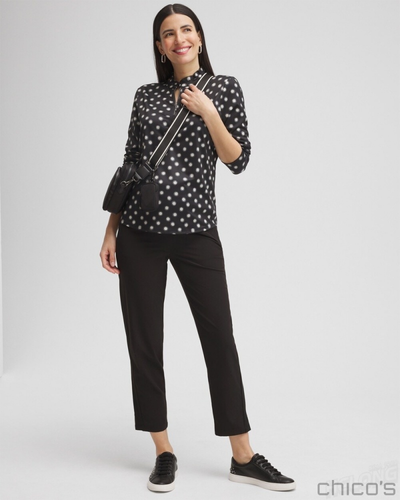 Chico's Zenergy UPF Polka Dot Ruffle Neck Top Tops Black | 457-LUOPZC