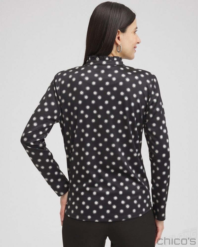 Chico's Zenergy UPF Polka Dot Ruffle Neck Top Tops Black | 457-LUOPZC