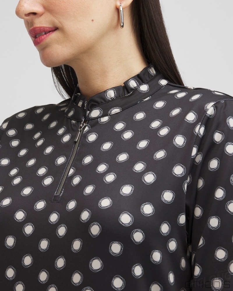 Chico's Zenergy UPF Polka Dot Ruffle Neck Top Tops Black | 457-LUOPZC