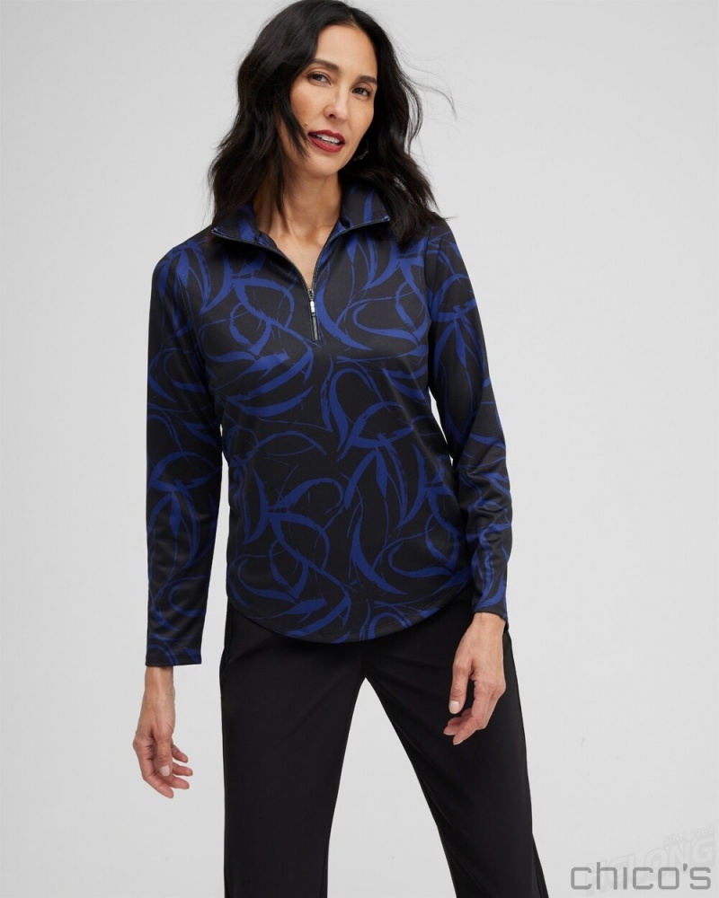 Chico\'s Zenergy UPF Ribbon Print Long Sleeve Top Tops Cobalt Night | 275-SYEAHQ