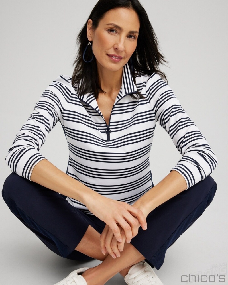 Chico's Zenergy UPF Stripe Long Sleeve Top Tops Classic Navy | 309-GVDKUF