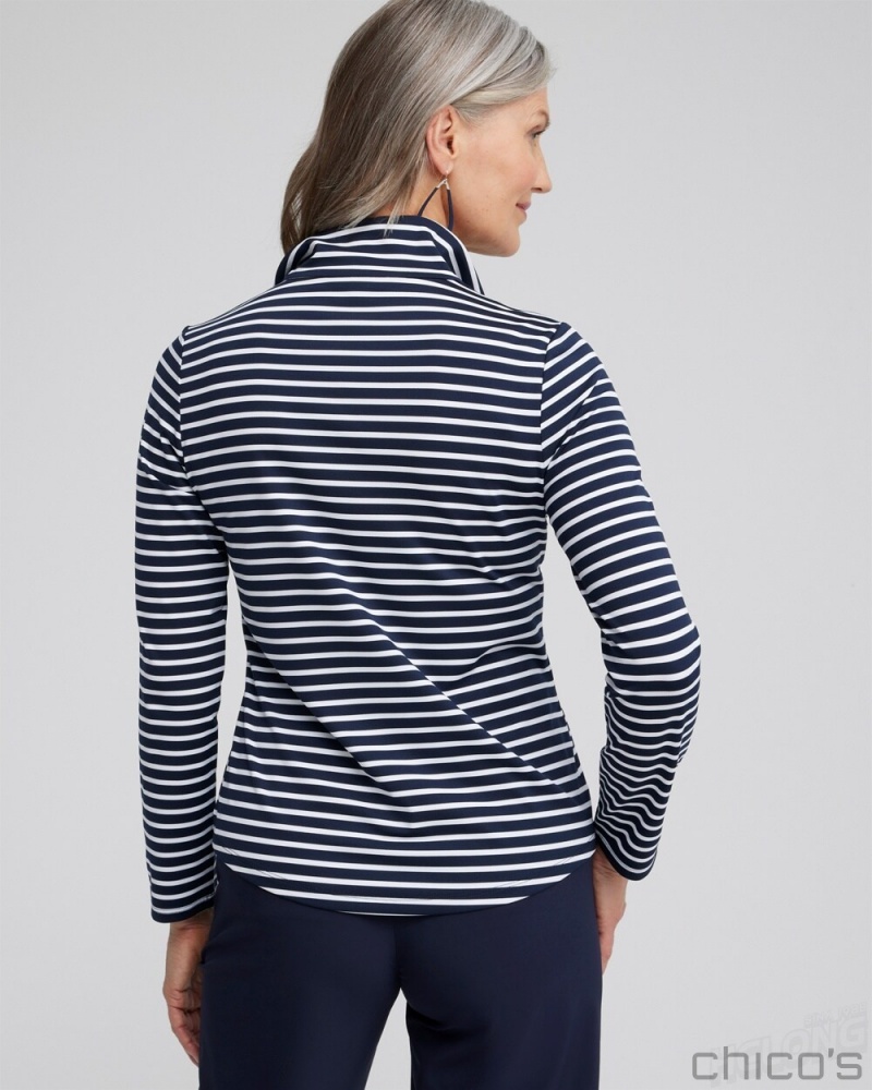 Chico's Zenergy UPF Stripe Long Sleeve Top Tops Classic Navy | 758-SKRUOL