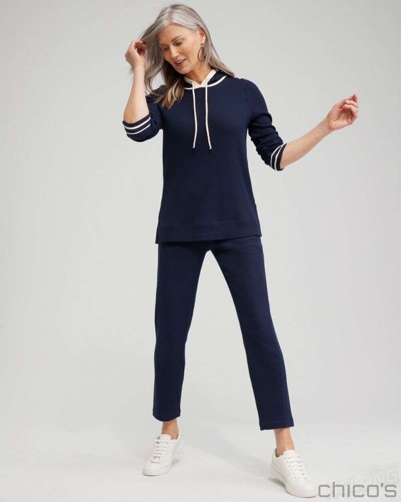 Chico's Zenergy Waffle Knit Hooded Tunic Tops Classic Navy | 392-IMGTXP