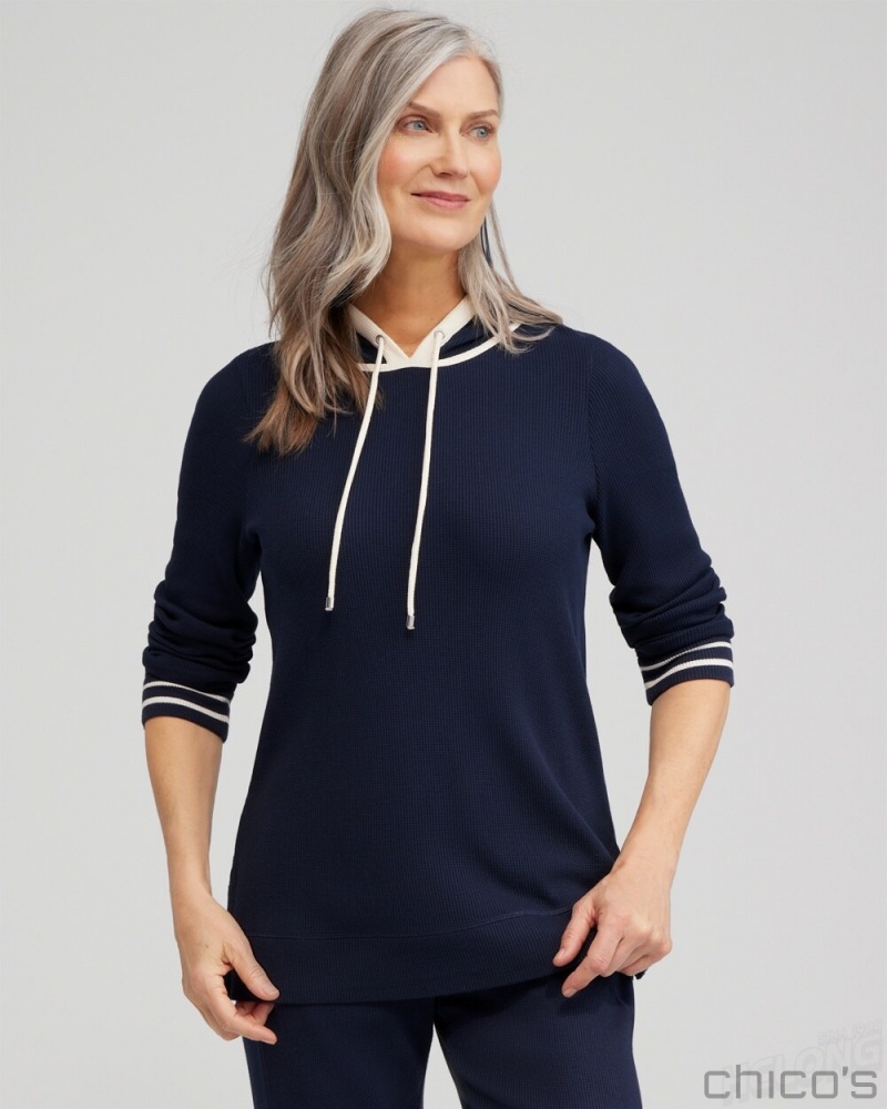 Chico\'s Zenergy Waffle Knit Hooded Tunic Tops Classic Navy | 392-IMGTXP