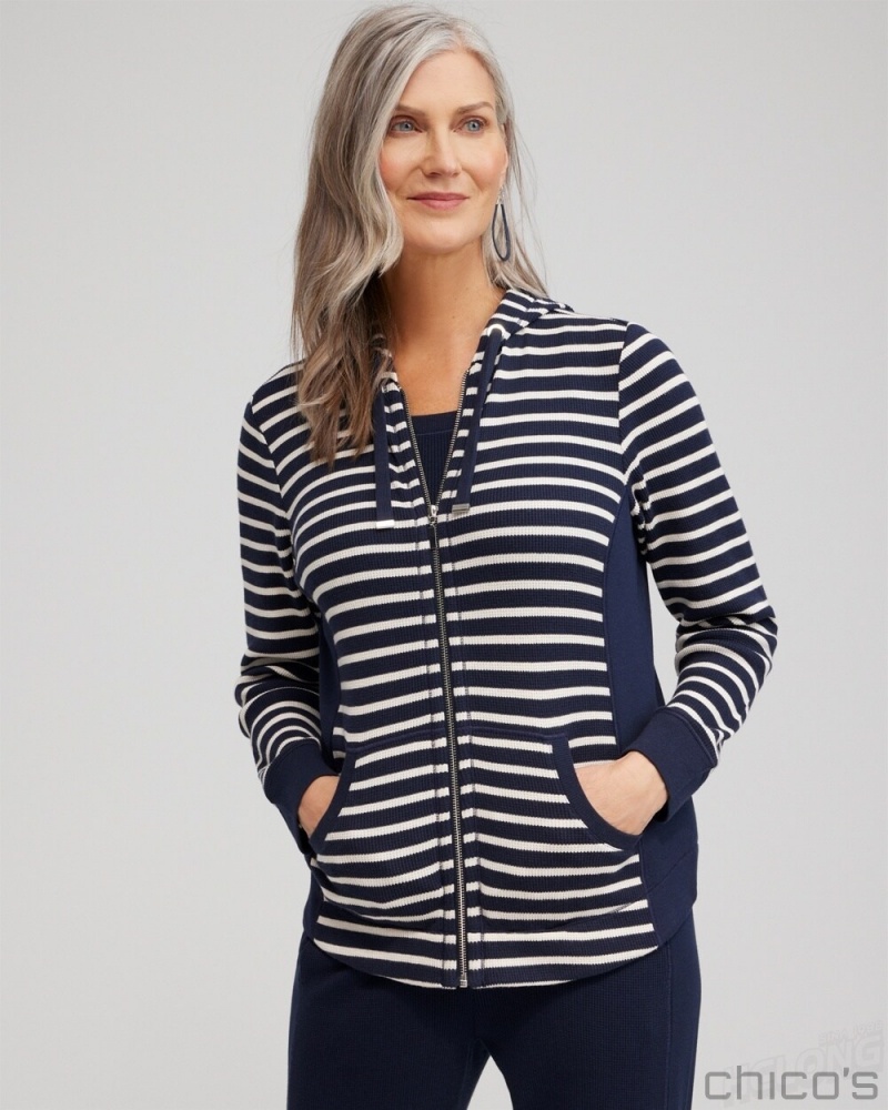 Chico's Zenergy Waffle Knit Stripe Hoodie Jackets & Coats Classic Navy | 480-ZSWCVD