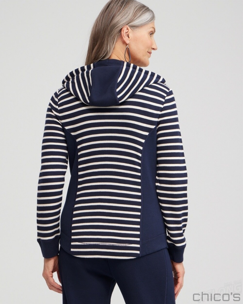 Chico's Zenergy Waffle Knit Stripe Hoodie Jackets & Coats Classic Navy | 480-ZSWCVD