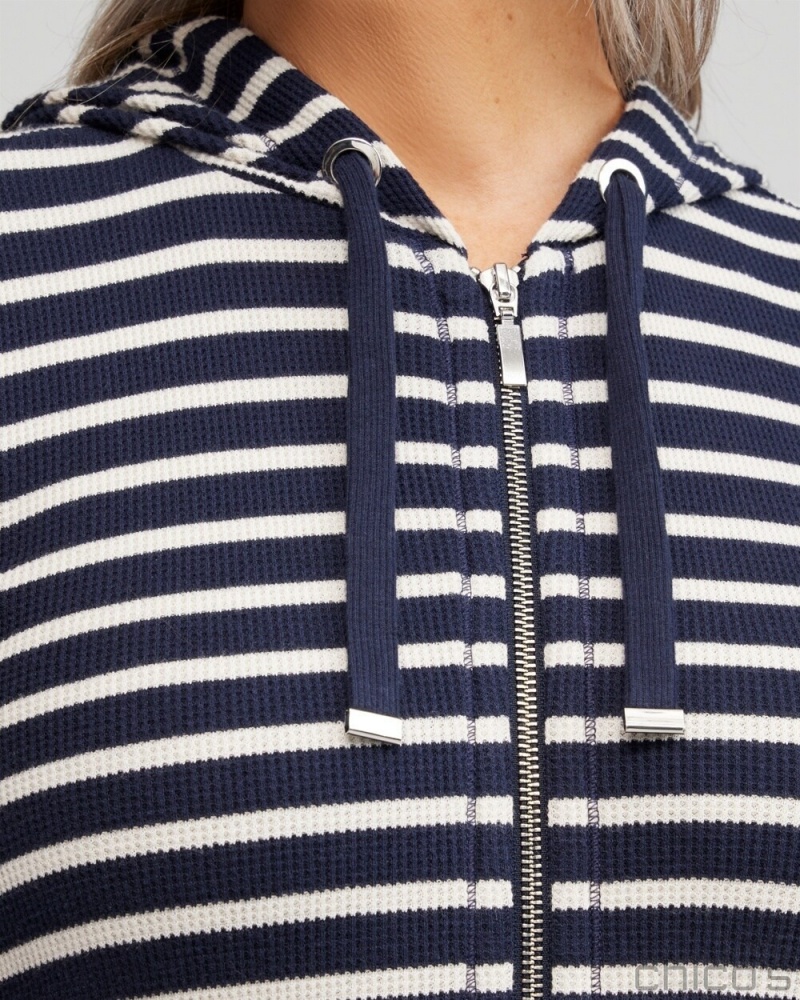 Chico's Zenergy Waffle Knit Stripe Hoodie Jackets & Coats Classic Navy | 480-ZSWCVD