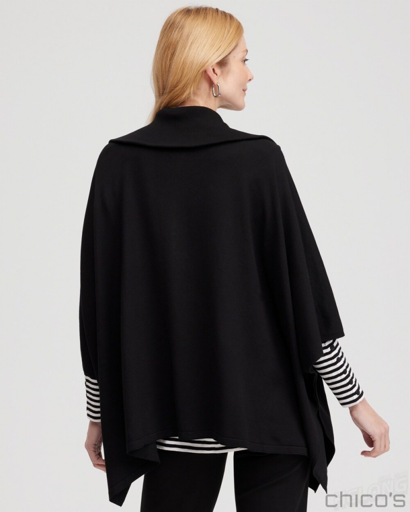 Chico's Zip Collar Sweater Poncho Ponchos & Ruanas Black | 375-QVEPZR